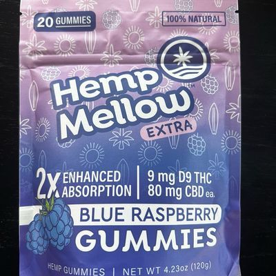 Hemp Mellow Blue Raspberry 20 Pack  9mg THC/ 80mg CBD Per Gummy