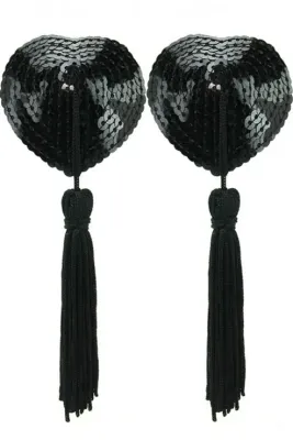 Sequined Heart Pasties With Tassels in Black Sequined Heart Pasties With Tassels in Black