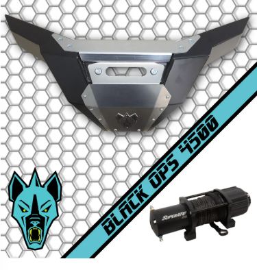 2025+ RZR Pro R Plate Winch Bumper, Color: Black, Logo: Etched Logo, Winch: Super ATV Black Ops 4500 Winch