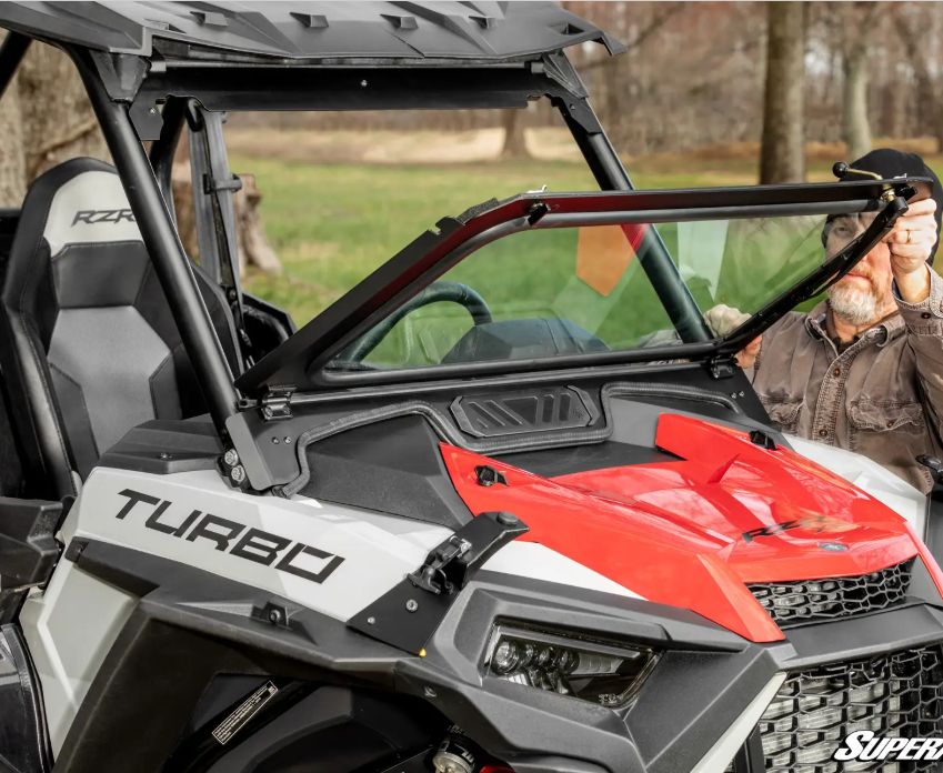 Polaris RZR XP Turbo Flip Down Glass Windshield, Style: Driver &amp; Passenger Side Wipers, YEAR: 2016-2018