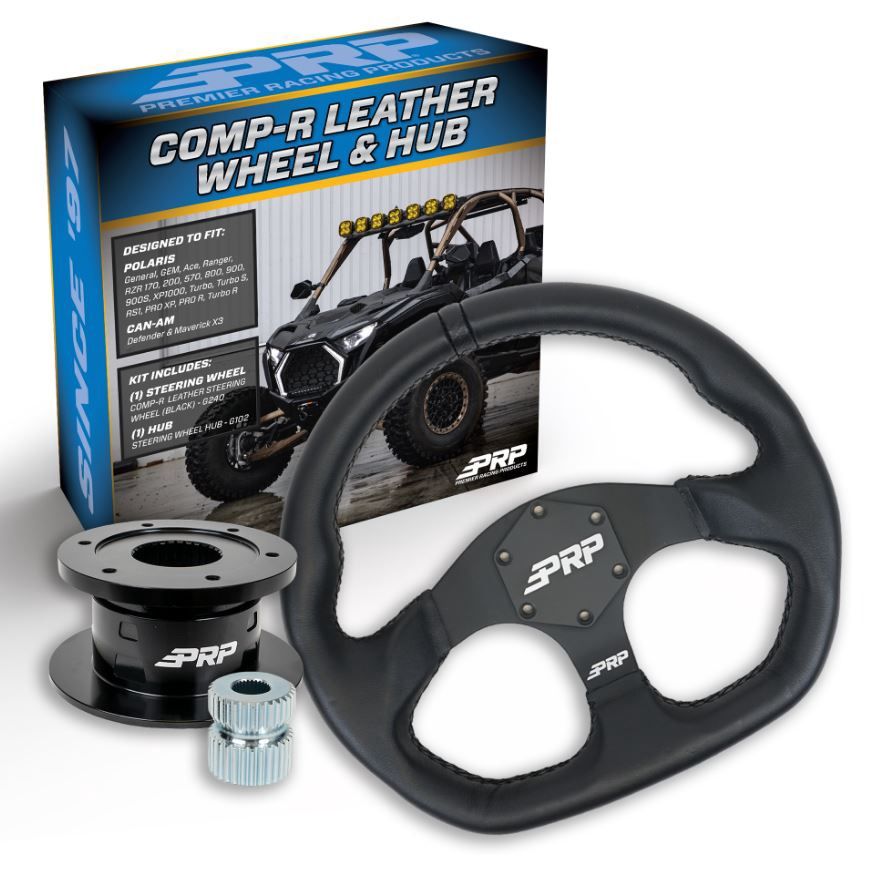 PRP LEATHER D-SHAPE STEERING WHEEL KIT WITH QUICK RELEASE HUB FOR POLARIS RZR, CAN AM X3, Color: BLACK