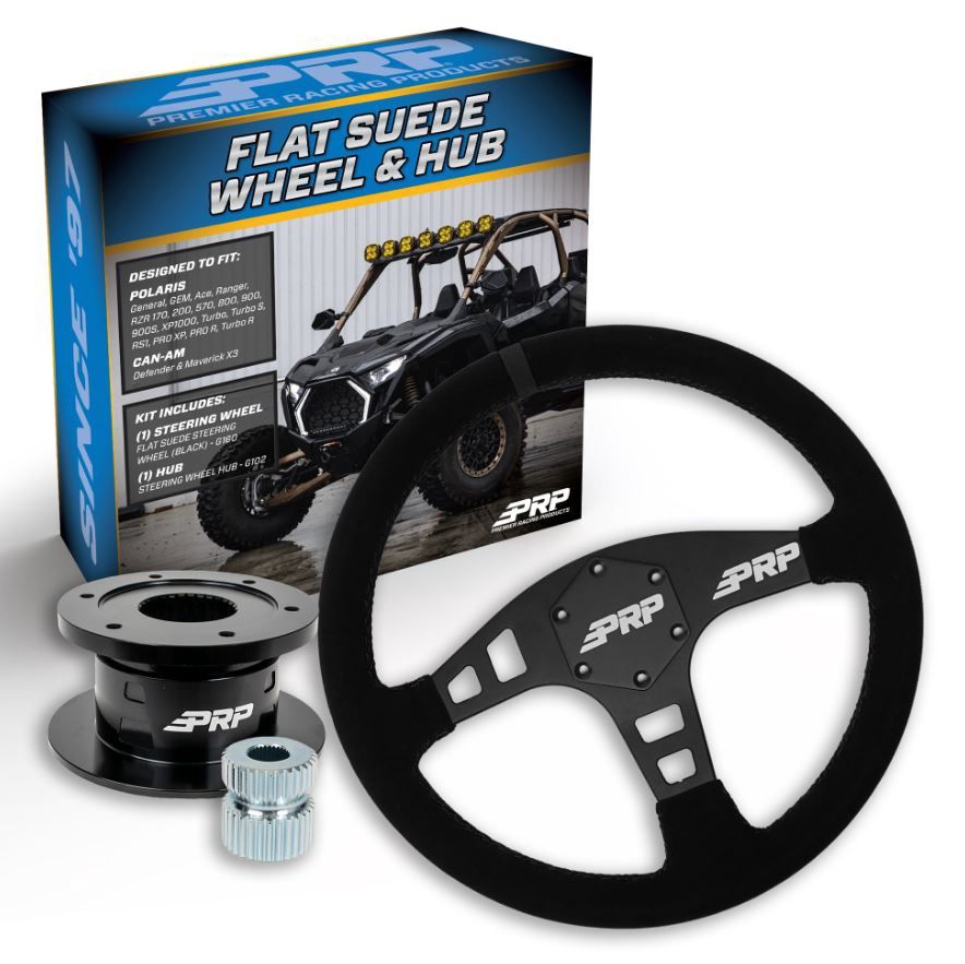 PRP FLAT SUEDE STEERING WHEEL KIT WITH QUICK RELEASE HUB FOR POLARIS RZR, CAN AM X3, Color: BLACK
