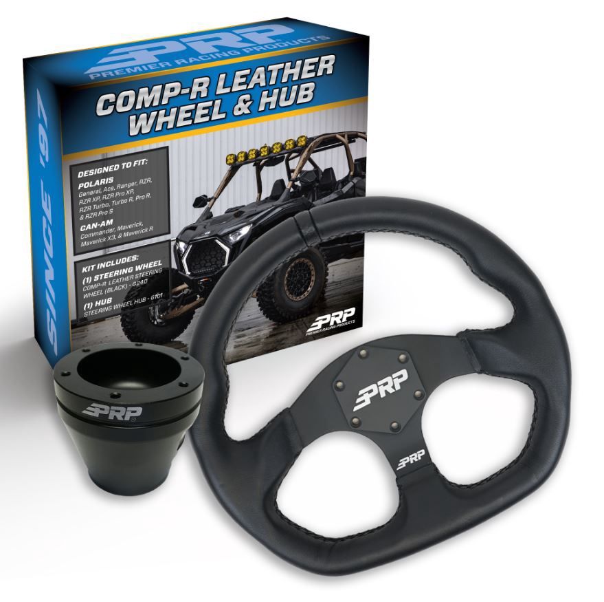 PRP LEATHER D-SHAPE STEERING WHEEL KIT WITH UTV HUB, Color: BLACK