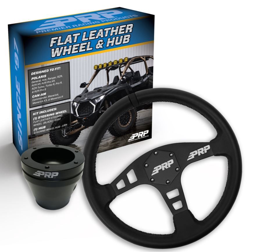 PRP FLAT LEATHER STEERING WHEEL KIT WITH UTV HUB, Color: BLACK