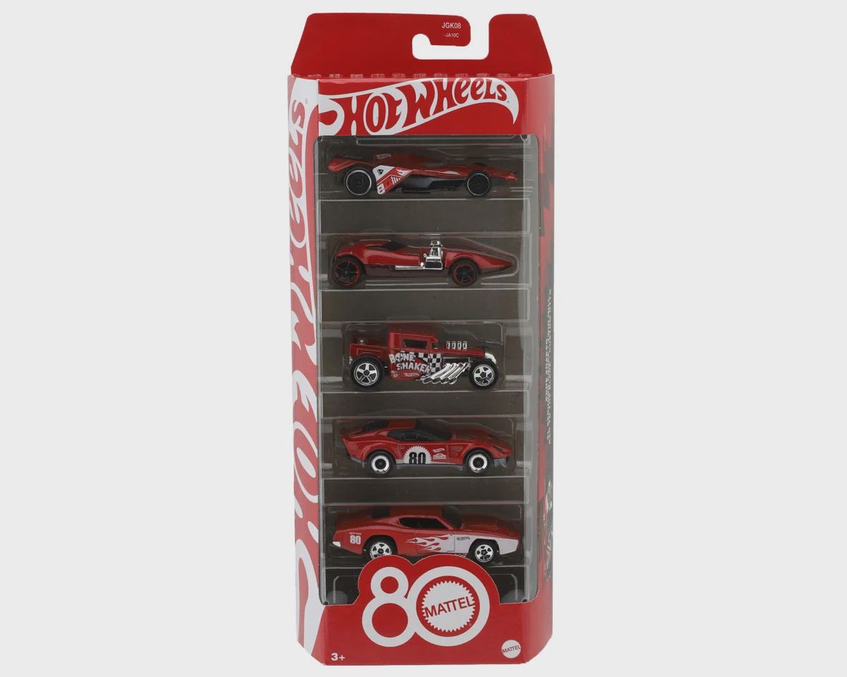 1/64 Hot Wheels Mattel 80th Anniversary Ruby Red Edition 5-Pack Set