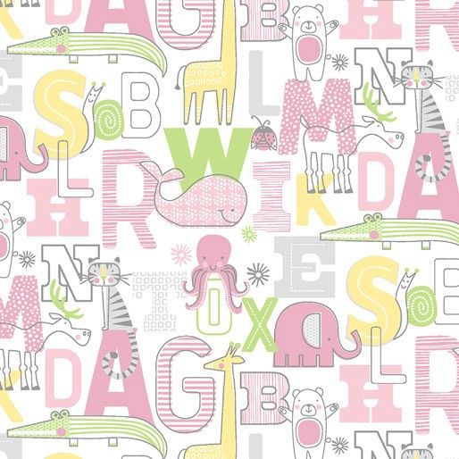 Adorable Alphabet - Words and Animals Pink/Green/Yellow Fat Qtr