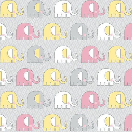 Adorable Alphabet - Elephants Grey/ Pink/Yellow Fat Qtr
