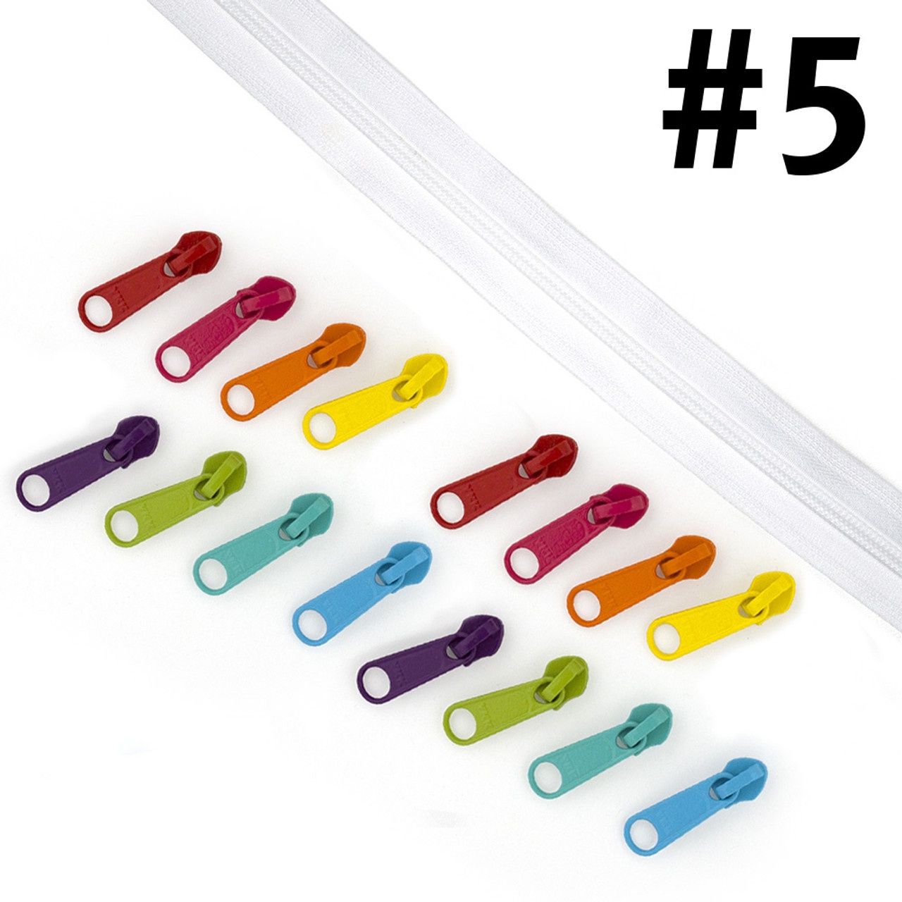 Bag Zipper with Pulls - YKK #5 - White with Multi Coloured Pulls