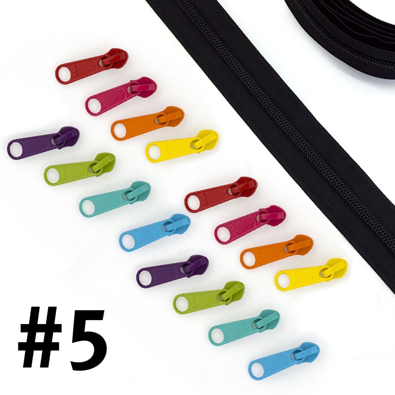 Bag Zipper with Pulls - YKK #5 - Black with Multi Coloured Pulls