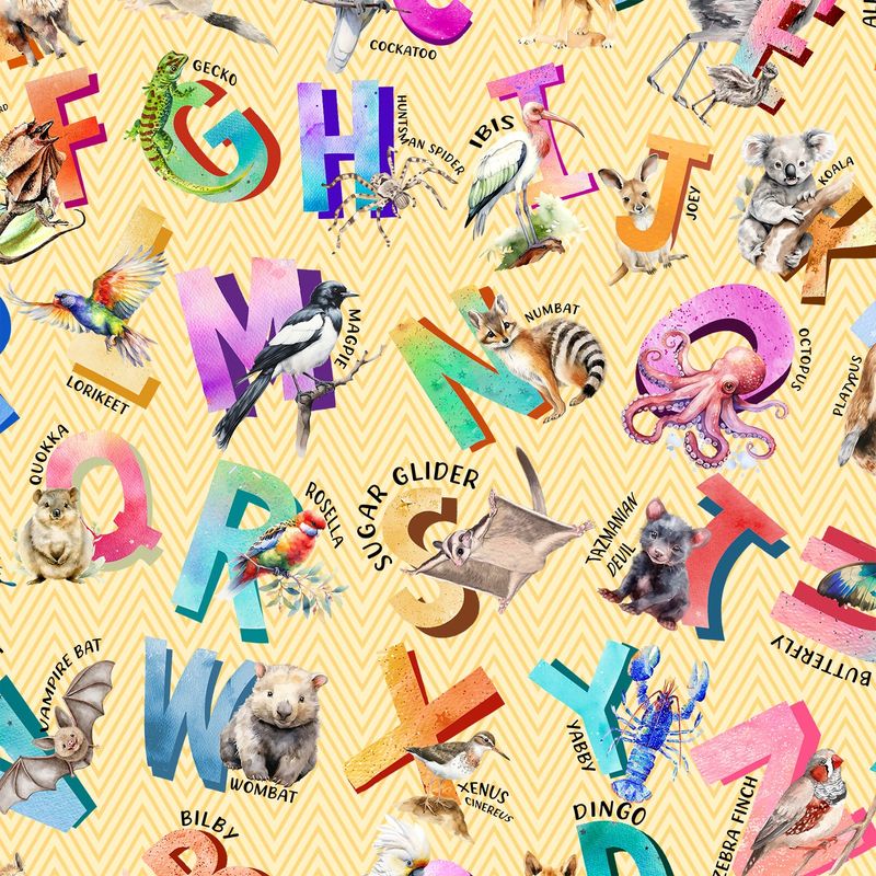 A Is for Aussie - Alphabet Animals Chevron Fat Qtr