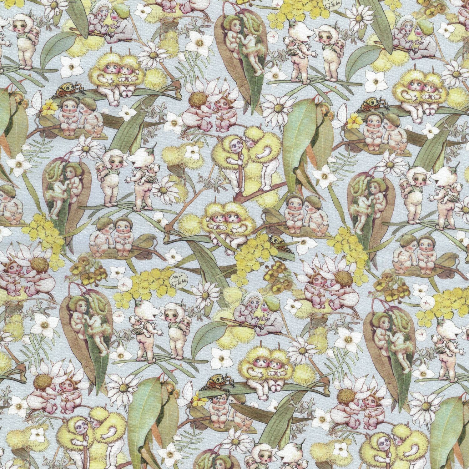 May Gibbs  - Gossiping Gumnuts Lt Blue - Fat Qtr