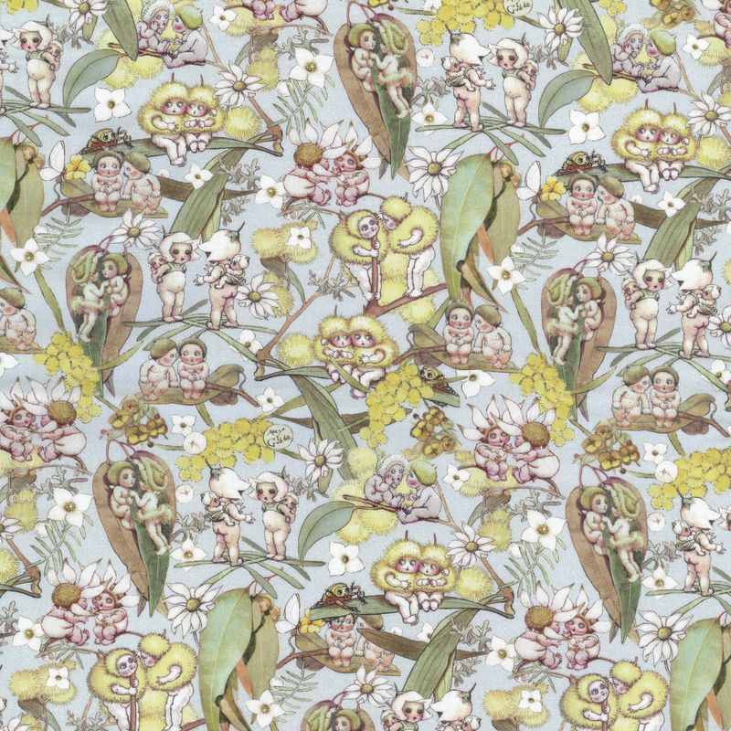 May Gibbs  - Gossiping Gumnuts Lt Blue - Fat Qtr
