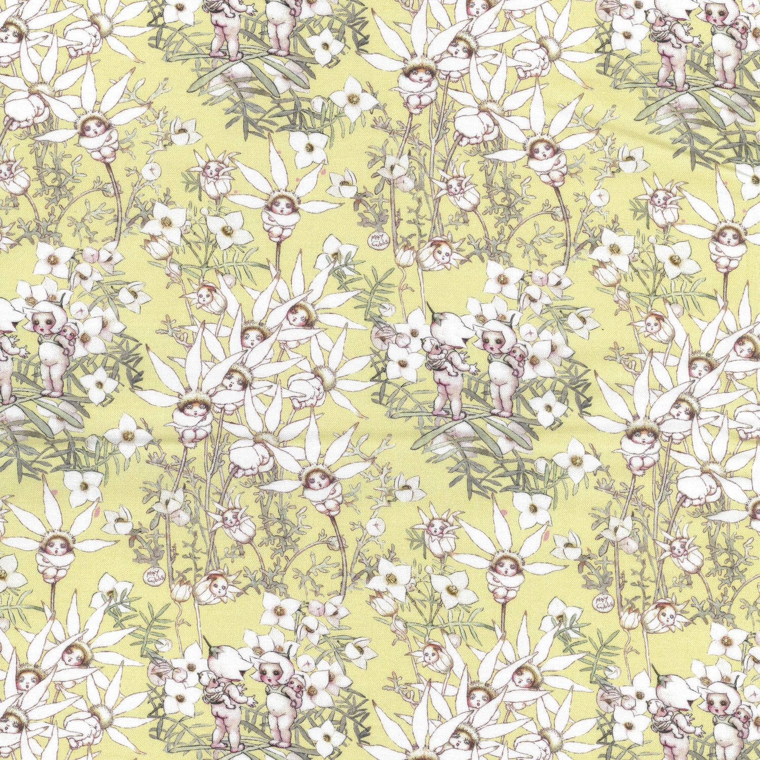 May Gibbs - Pastel Flowers Yellow - Fat Qtr