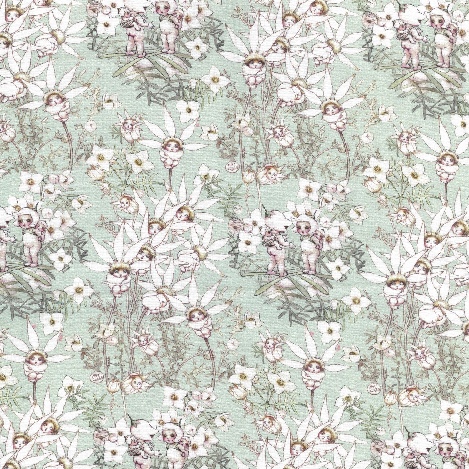 May Gibbs - Pastel Flowers Mint - Fat Qtr