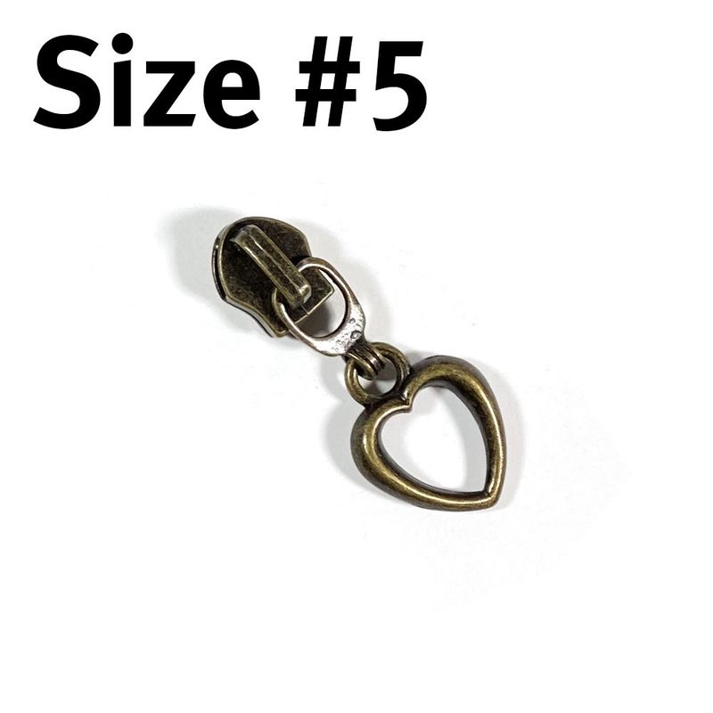 #5 Non-Locking Zipper Slider - Antique Brass - Heart