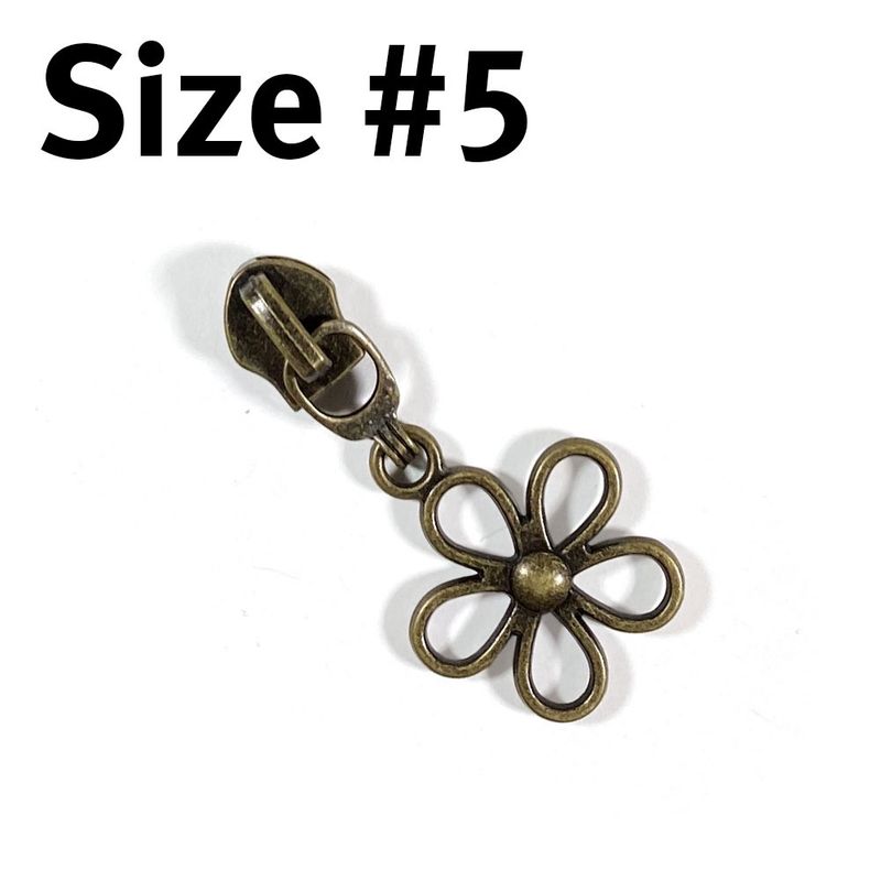 #5 Non-Locking Zipper Slider - Antique Brass - Simple Flower