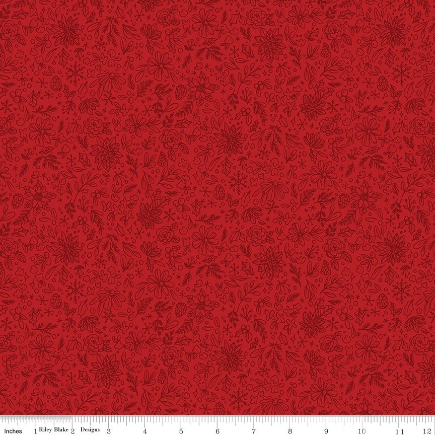 Riley Blake - Charming Christmas - Floral Outline - Red  - Fat Qtr