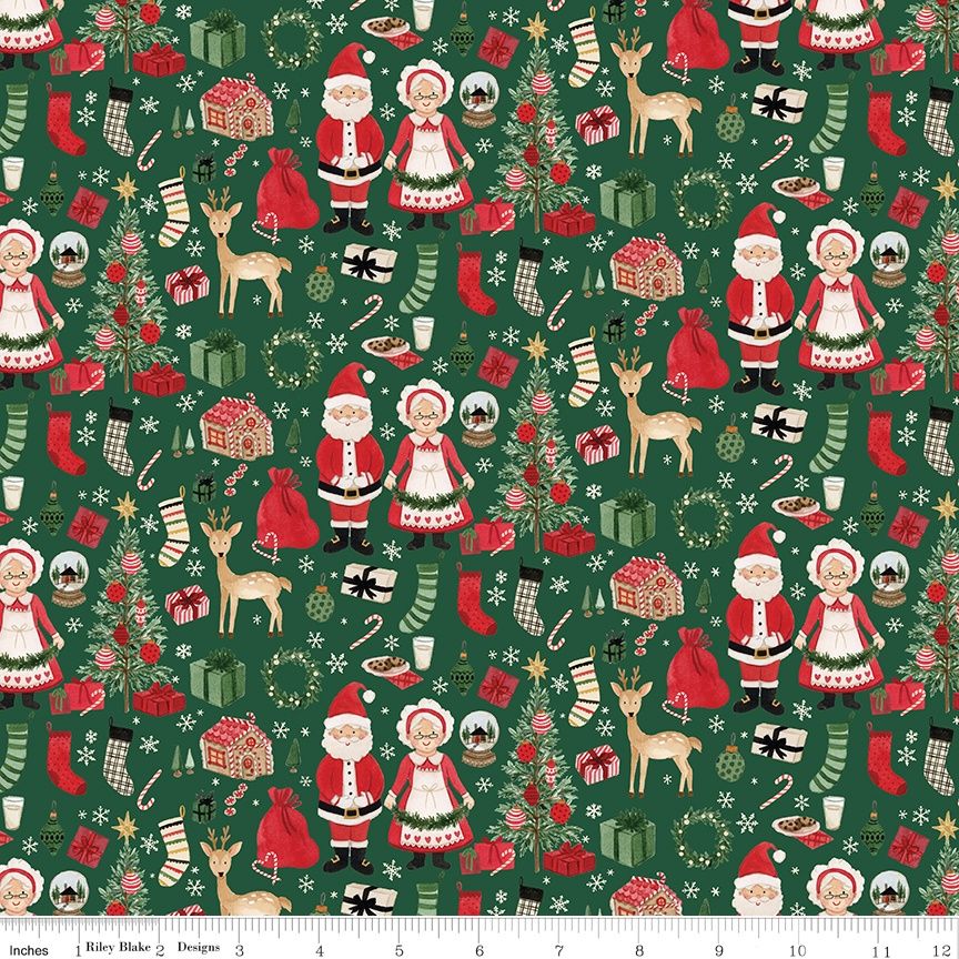 Riley Blake - Charming Christmas - Santa &amp; Mrs. Claus - Green  - Fat Qtr