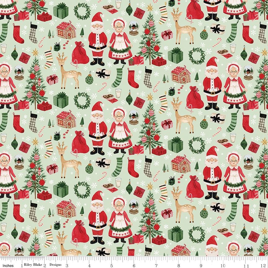 Riley Blake - Charming Christmas - Santa &amp; Mrs. Claus - Mint  - Fat Qtr