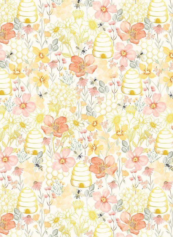 Home Sweet Home Floral and Bees Cream Fat Qtr