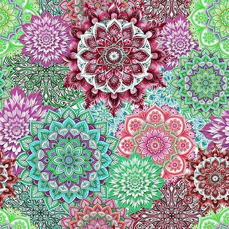 Mandala Lush Petals  - Green Multi Wide Backing