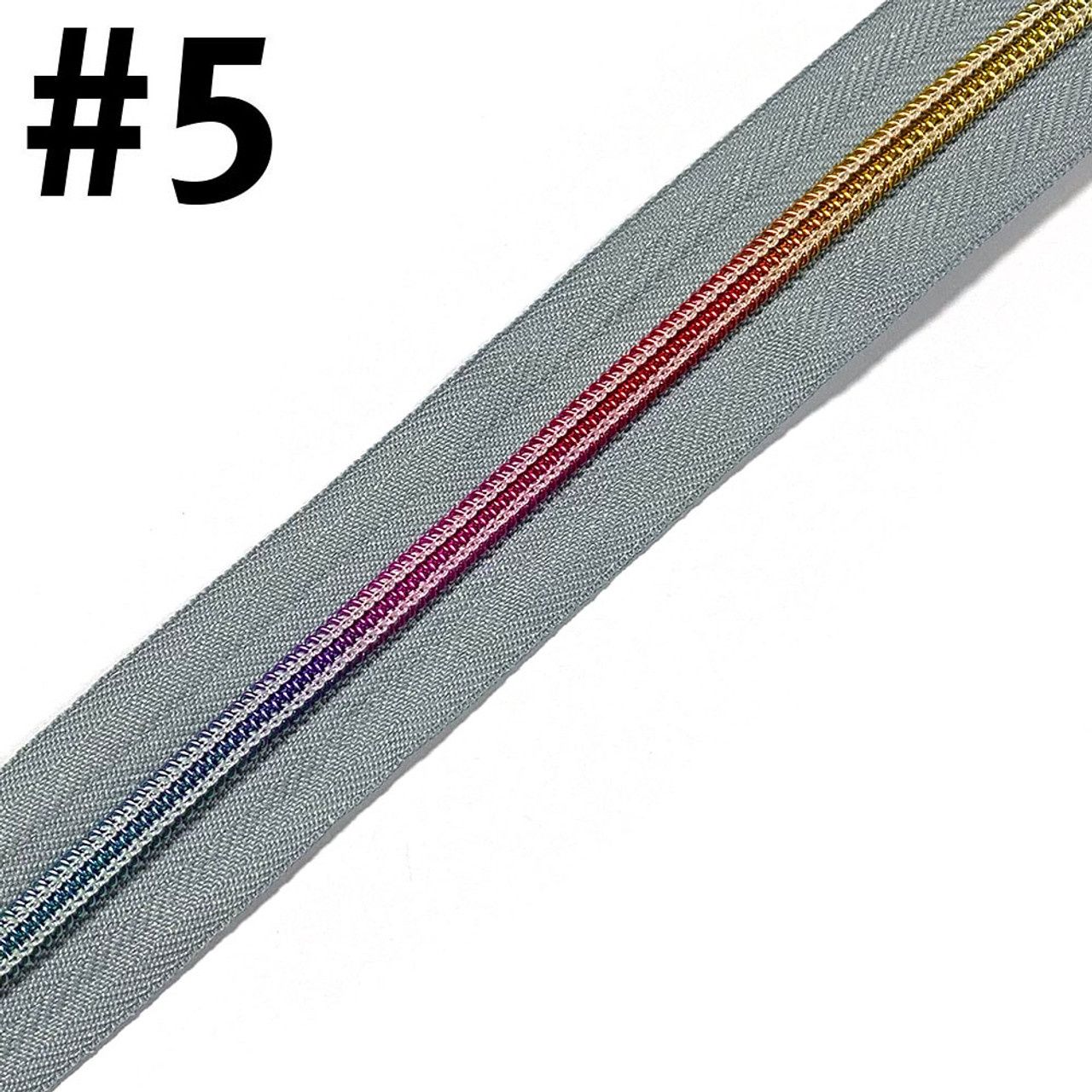 Bag Zipper Tape 3m - #5 - Pewter Grey with Iridescent Rainbow Teeth