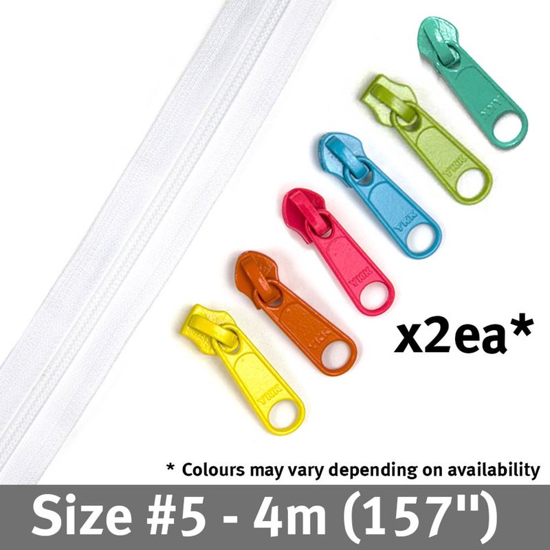 Bag Zipper with Pulls - YKK #5 - White with Multi Coloured Pulls