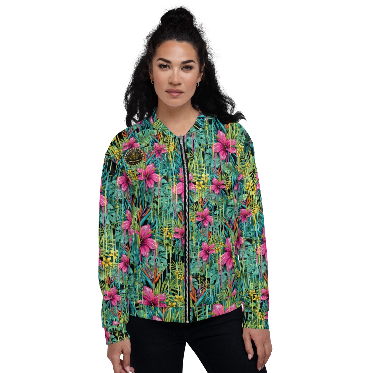 Pink Green Palm Tree Unisex Bomber Jacket, Size: XS