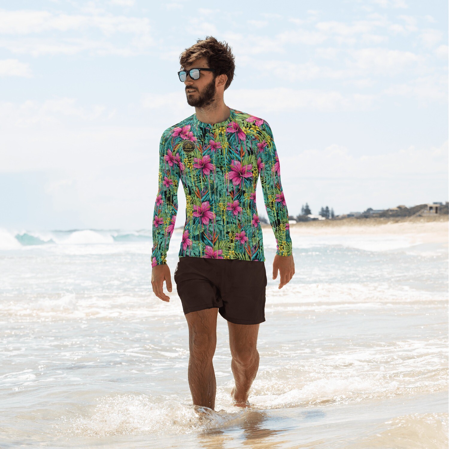 Pink Green Palm Tree Long-Sleeve Men&#39;s Rash Guard Shirt