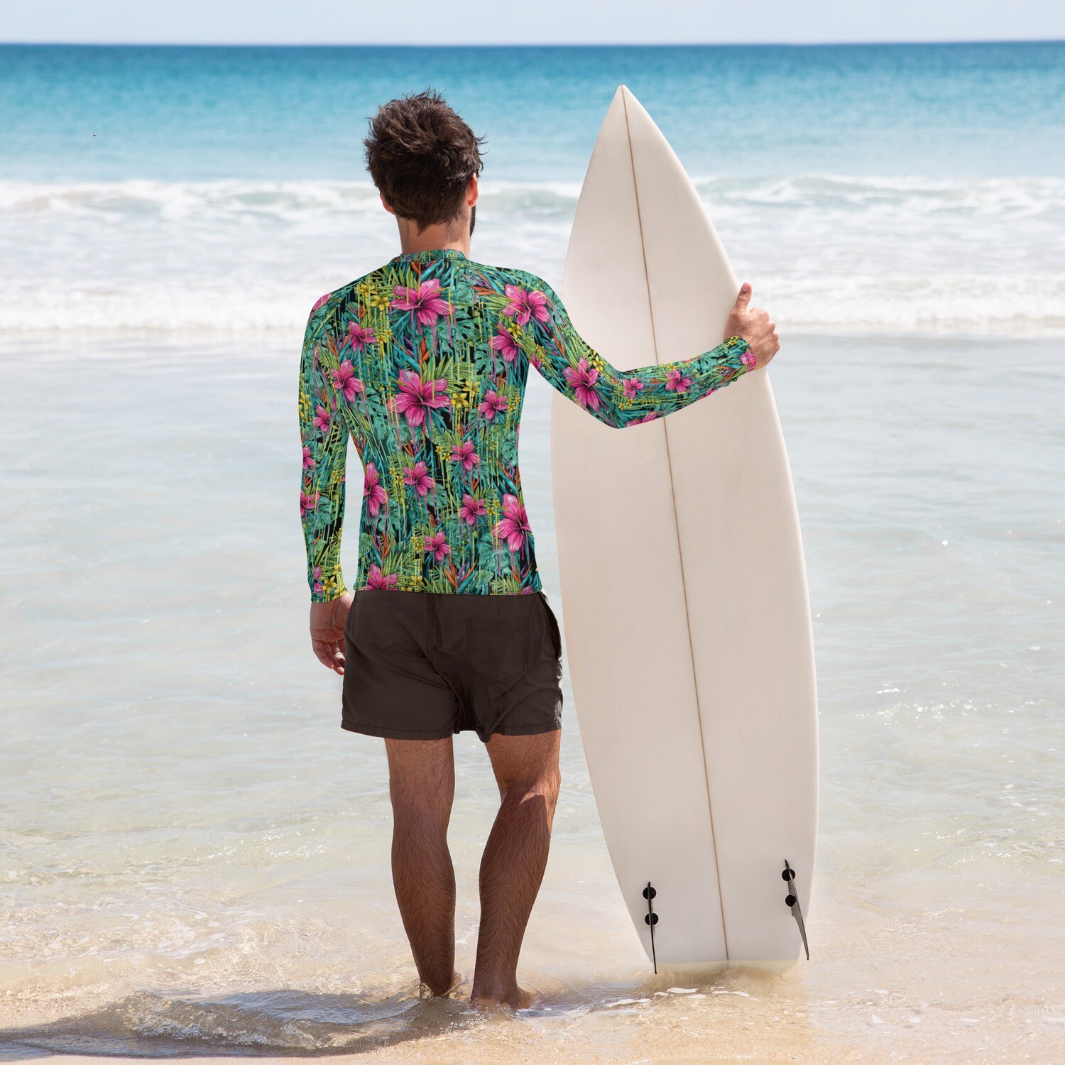 Pink Green Palm Tree Long-Sleeve Men's Rash Guard Shirt