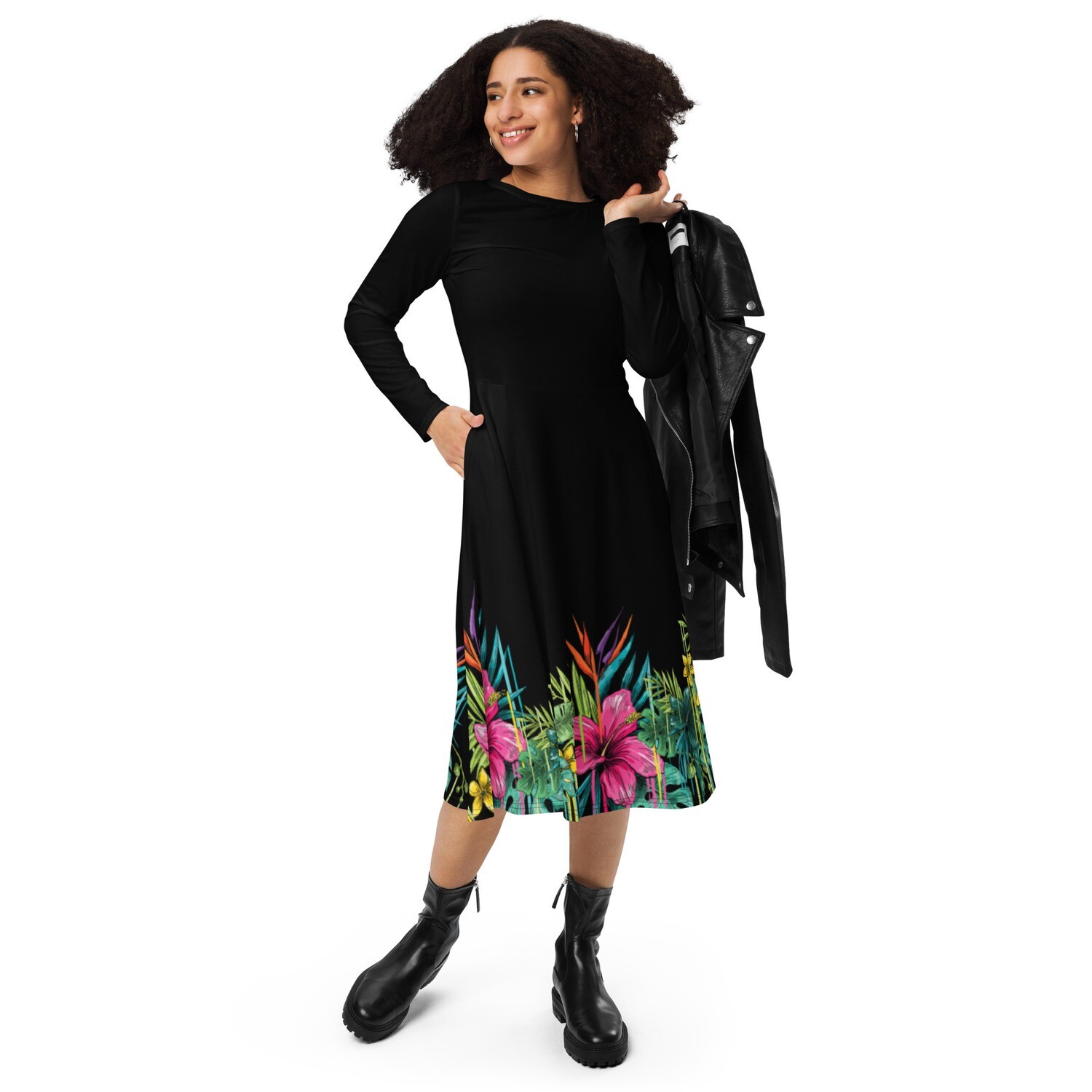 Palm Tree Drip Dress Long-Sleeve Pockets