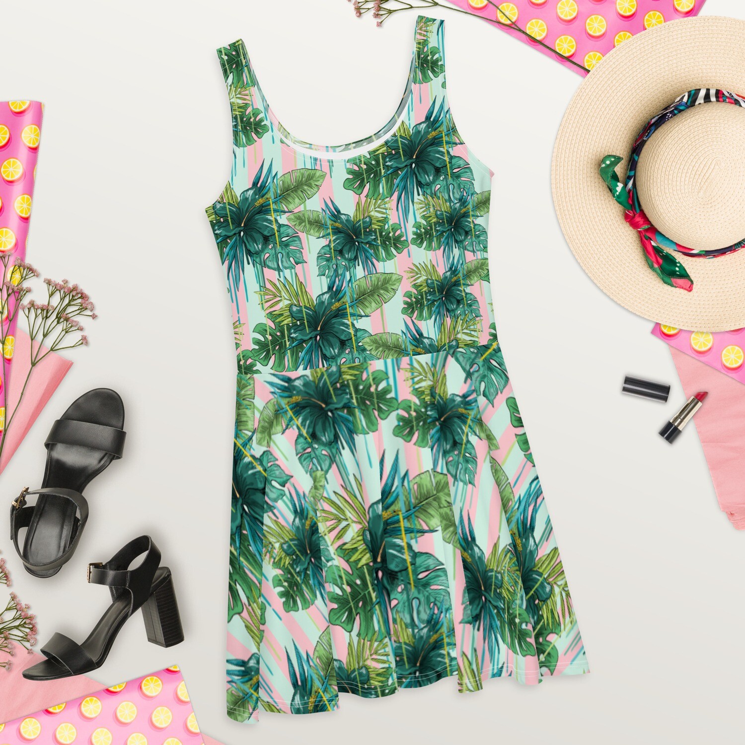 Pink and Green Stripe Palm Tree Dress
