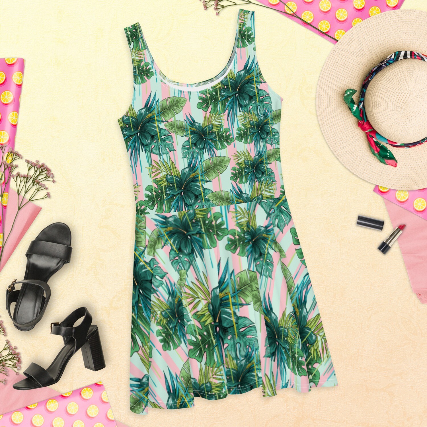 Pink and Green Stripe Palm Tree Dress