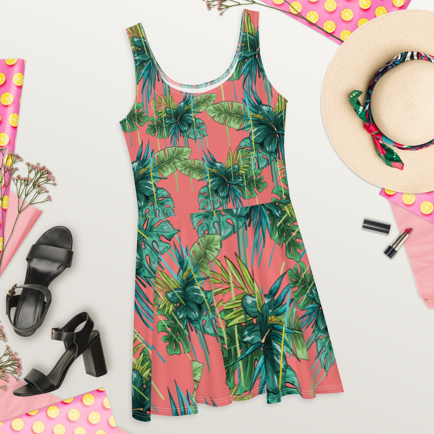 Coral and Green Palm Tree Tank Flair Dress