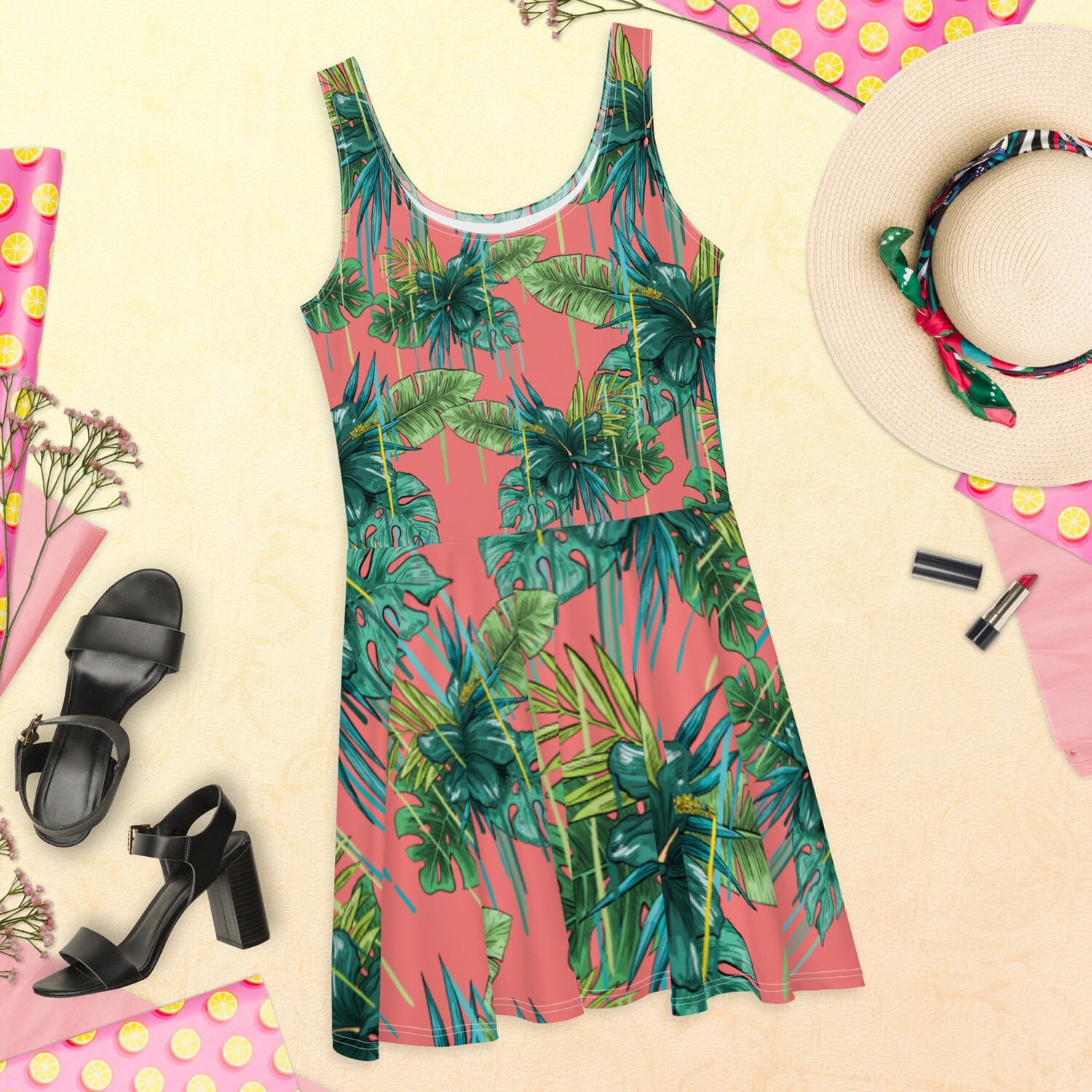 Coral and Green Palm Tree Tank Flair Dress