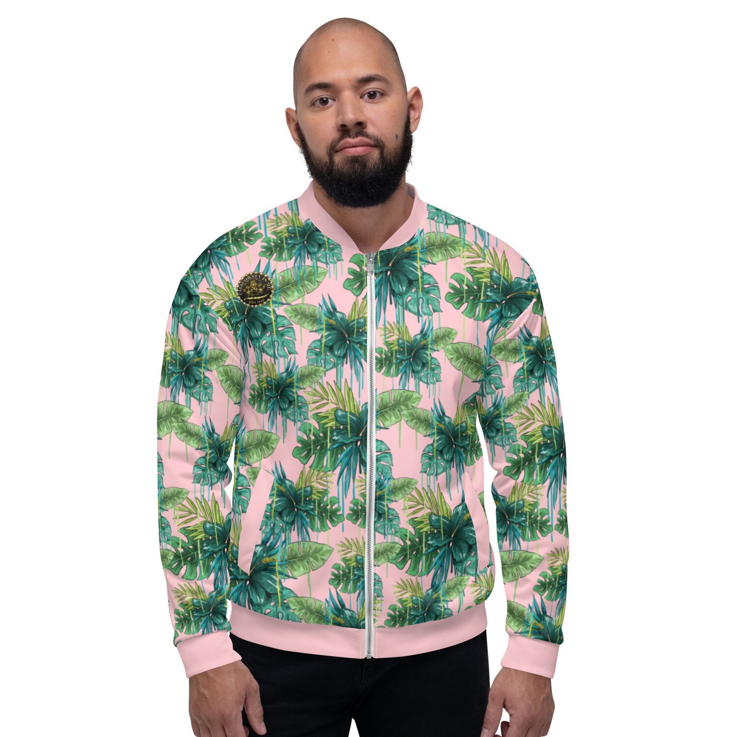 Green Palm Tree Drip on Pink Unisex Bomber Jacket