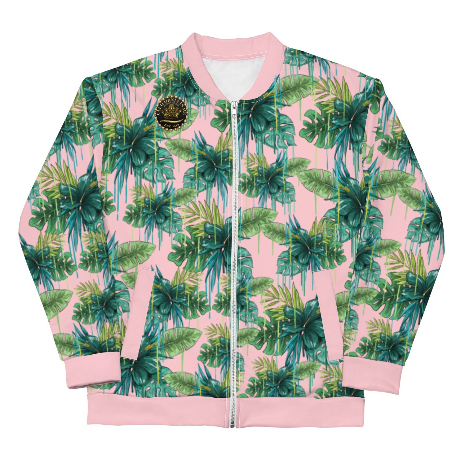 Green Palm Tree Drip on Pink Unisex Bomber Jacket