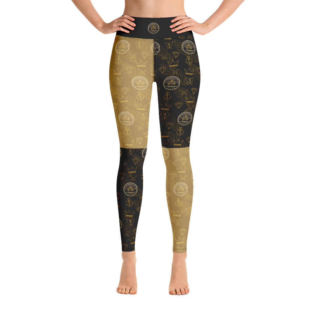 Royal Armor Gold Black Color Block Yoga Leggings, Size: XS