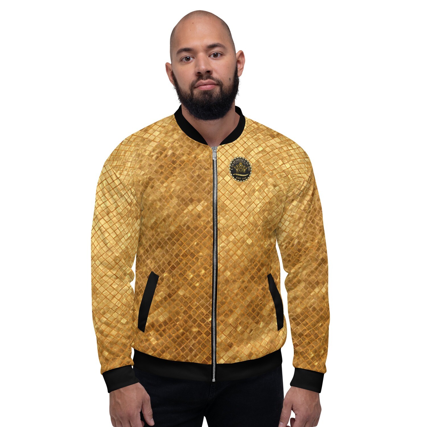 Gold Checkered Print Unisex Bomber Jacket