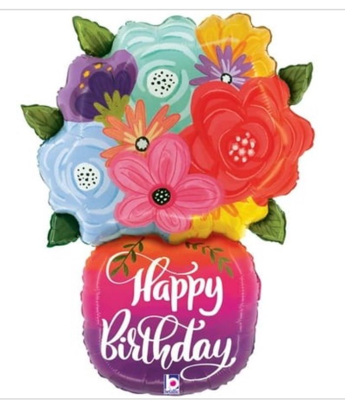 29 Inch Betallic Happy Birthday Bright Flowers Vase Foil Mylar Balloon