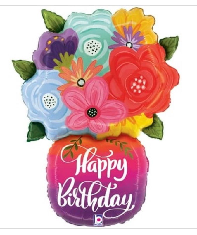 29 Inch Betallic Happy Birthday Bright Flowers Vase Foil Mylar Balloon