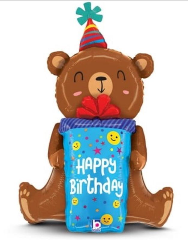 34 Inch Betallic Happy Birthday Smiley Gift Bear Foil Mylar Balloon