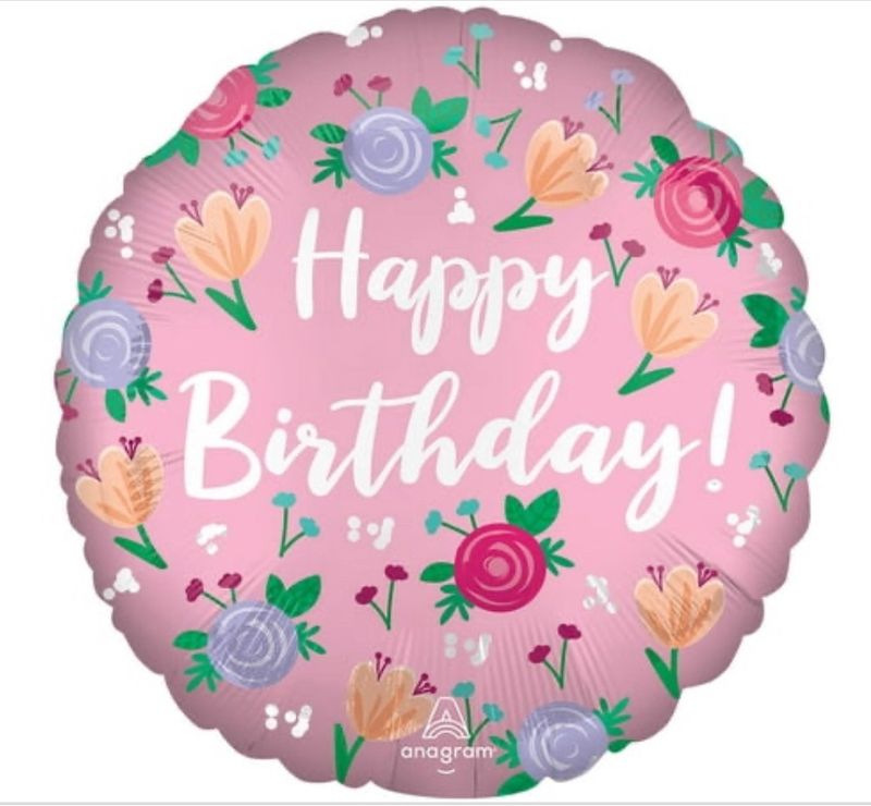 18 Inch Satin Happy Birthday Peony Foil Mylar Balloon