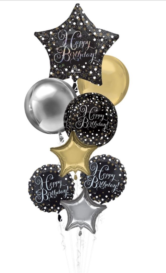 Sparkling Celebration &quot;Happy Birthday&quot; Star/Orbz Satin Foil Balloon Bouquet, Black/Gold, 8-pk