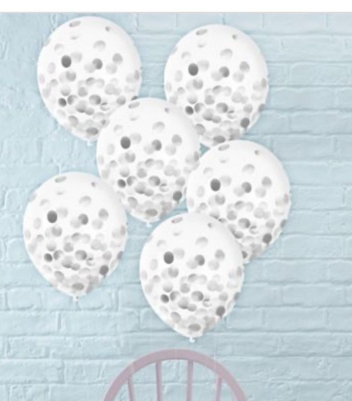 Round Transparent Confetti Latex Balloons, Silver, 12-in, 6-pk
