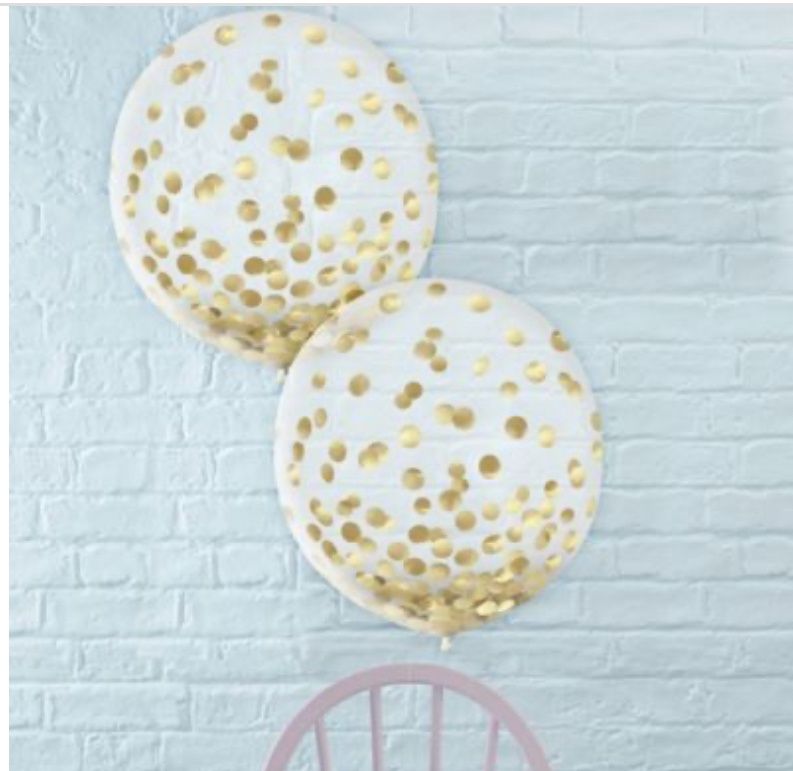Round Transparent Confetti Latex Balloons, Gold, 24-in, 2-pk