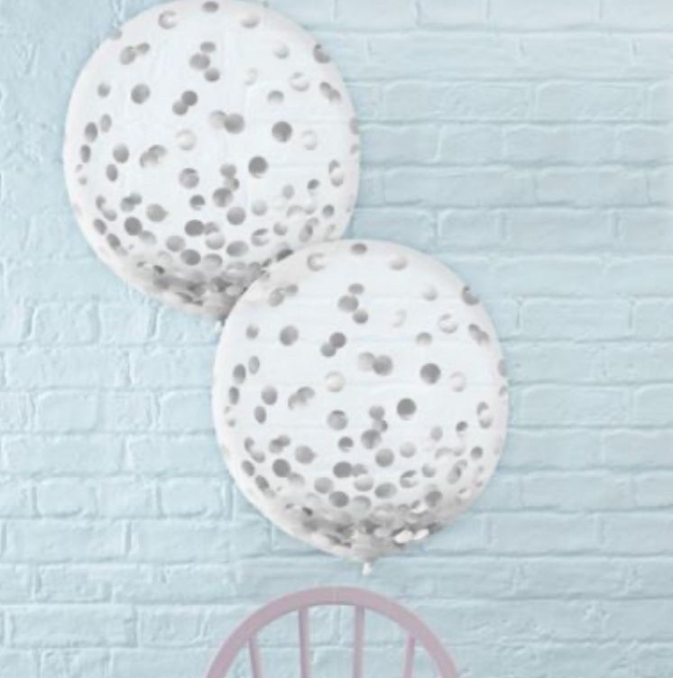 Round Transparent Confetti Latex Balloons, Silver, 24-in, 2-pk