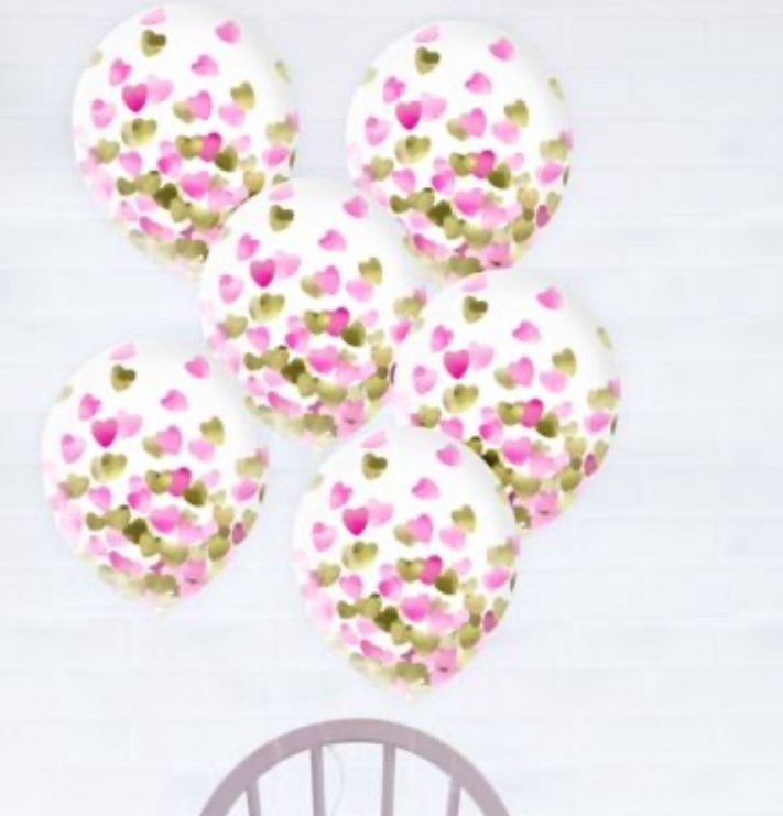 Round Transparent Confetti Latex Balloons, Pink/Gold, Heart, 12-in, 6-pk