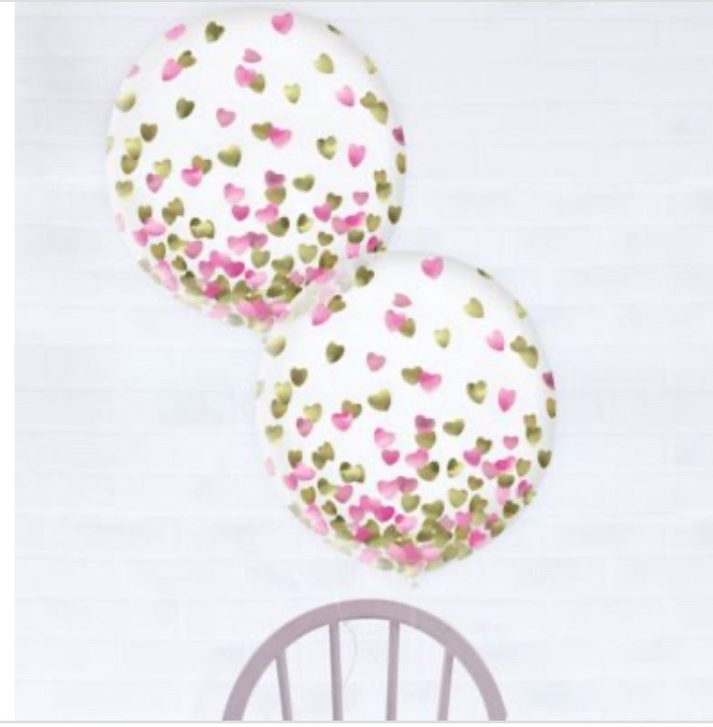 Round Transparent Confetti Latex Balloons, Metallic Pink/Gold, Heart, 24-in, 2-pk