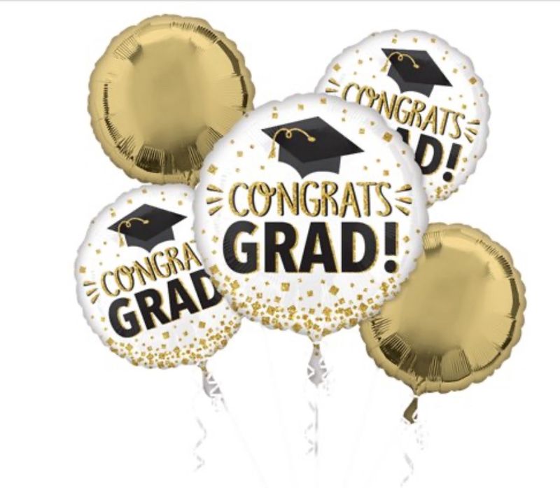 Congrats Grad Glitter Confetti Mylar Balloons Bouquet - Gold White and Black (5ct)